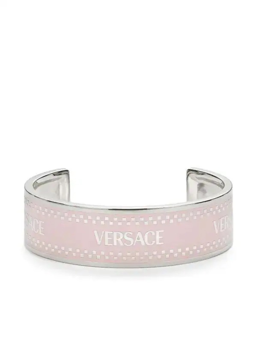 Versace Silver-Tone Cuff with Pale Pink Enamel Logo Band